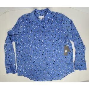 Nordstrom Signature L Women's Blouse Long Sleeve Blue Azurite Sharon Floral Silk